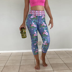 Women's Yoga Capri Pants: Tropical Anthurium & Hawaiian Healing Plants in Grey