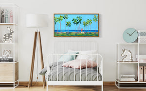 LIfe guard towers of Hawai'i, beautiful turquoise blue ocean with stylized vivid green waving palms with the iconic orange tower.  Our favorite swimming beach