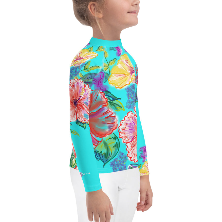 Kids (Keiki) Rash Guard: Tropical Flowers, Orchids & Hibiscus in Teal