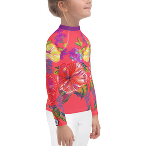 Kids (Keiki) Rash Guard: Tropical Flowers, Orchids & Hibiscus in Coral
