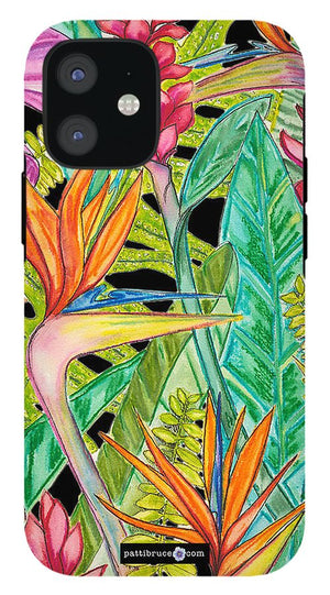 Phone Case: Tropical Beautiful Flowers Bird of Paradise Fern Heliconia Anthurium - "Bird Party"