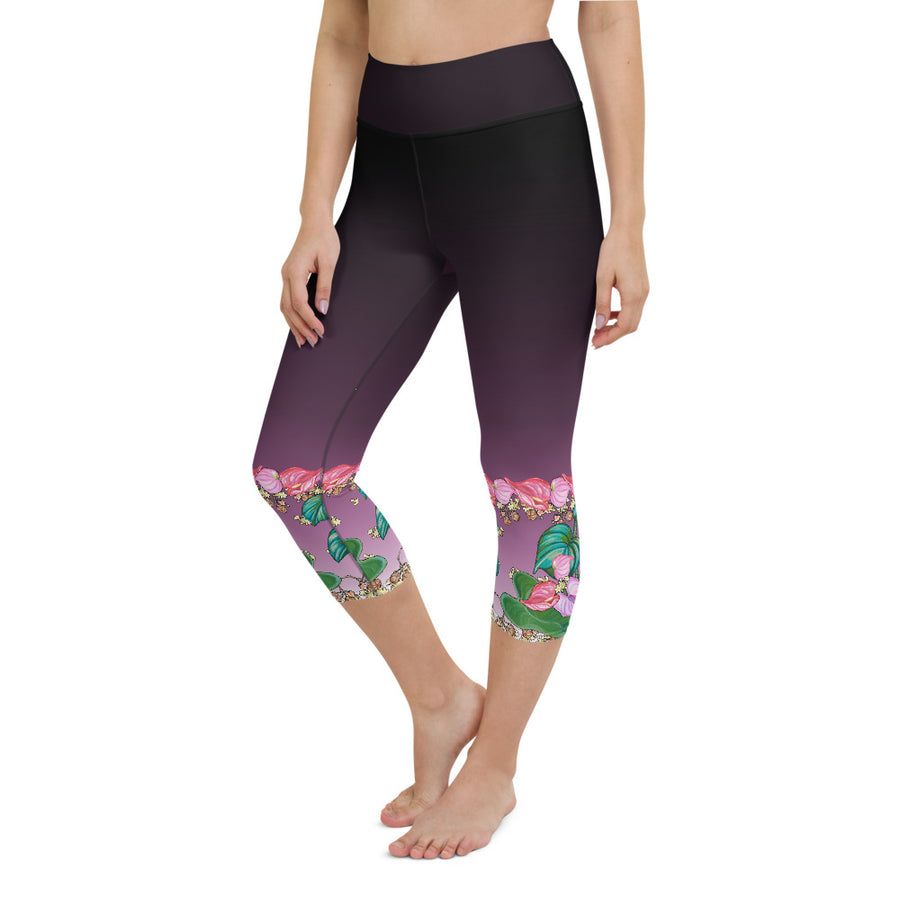Women's Yoga Capri Pants: Tropical Anthurium & Hawaiian Healing Plants in Purple Ombre