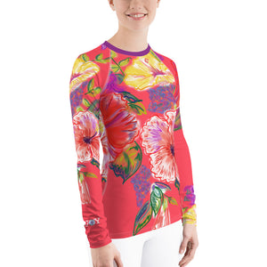 Women's Rash Guard: Tropical Flowers, Orchids & Hibiscus in Lipstick