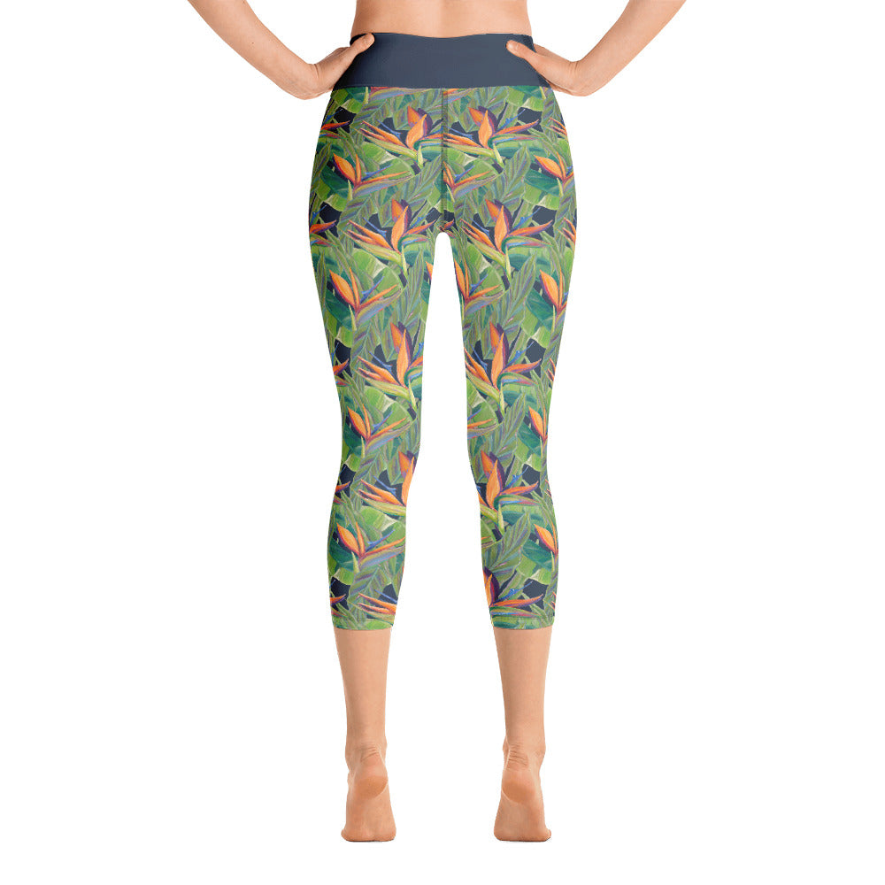Abstract Capri leggings, Workout Pants 'Teal Birds of a Flower