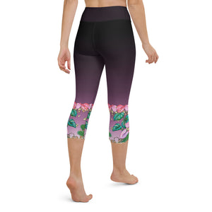 Women's Yoga Capri Pants: Tropical Anthurium & Hawaiian Healing Plants in Purple Ombre