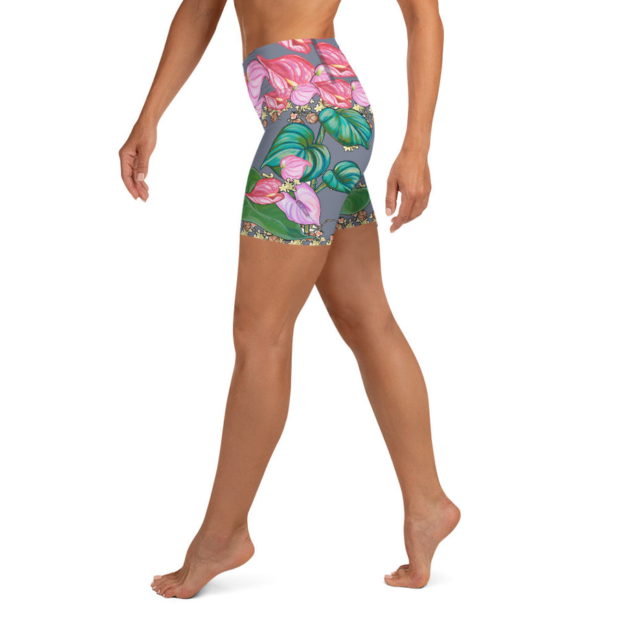 Women's Yoga Shorts: Tropical Anthirium & Hawaiian Healing Plants- Grey