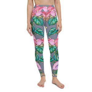 Women's Yoga Pants: Tropical Anthurium & Hawaiian Healing Plants in Grey
