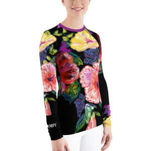 Women's Rash Guard: Tropical Flowers, Orchids & Hibiscus in Black