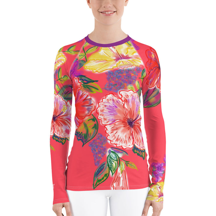 Women's Rash Guard: Tropical Flowers, Orchids & Hibiscus in Lipstick