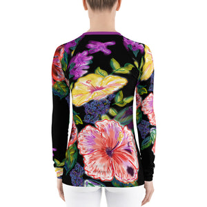 Women's Rash Guard: Tropical Flowers, Orchids & Hibiscus in Black