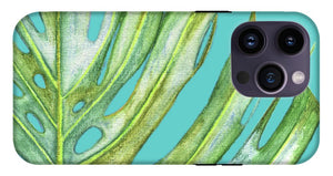 Tropical Monstera Leaf with Aqua Background - Phone Case