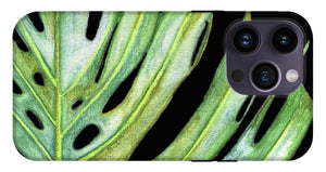 Tropical Monstera Leaf WIth Black Background - Phone Case